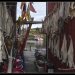 La morue qui sèche entre deux maisons sur le port de Sorvagen